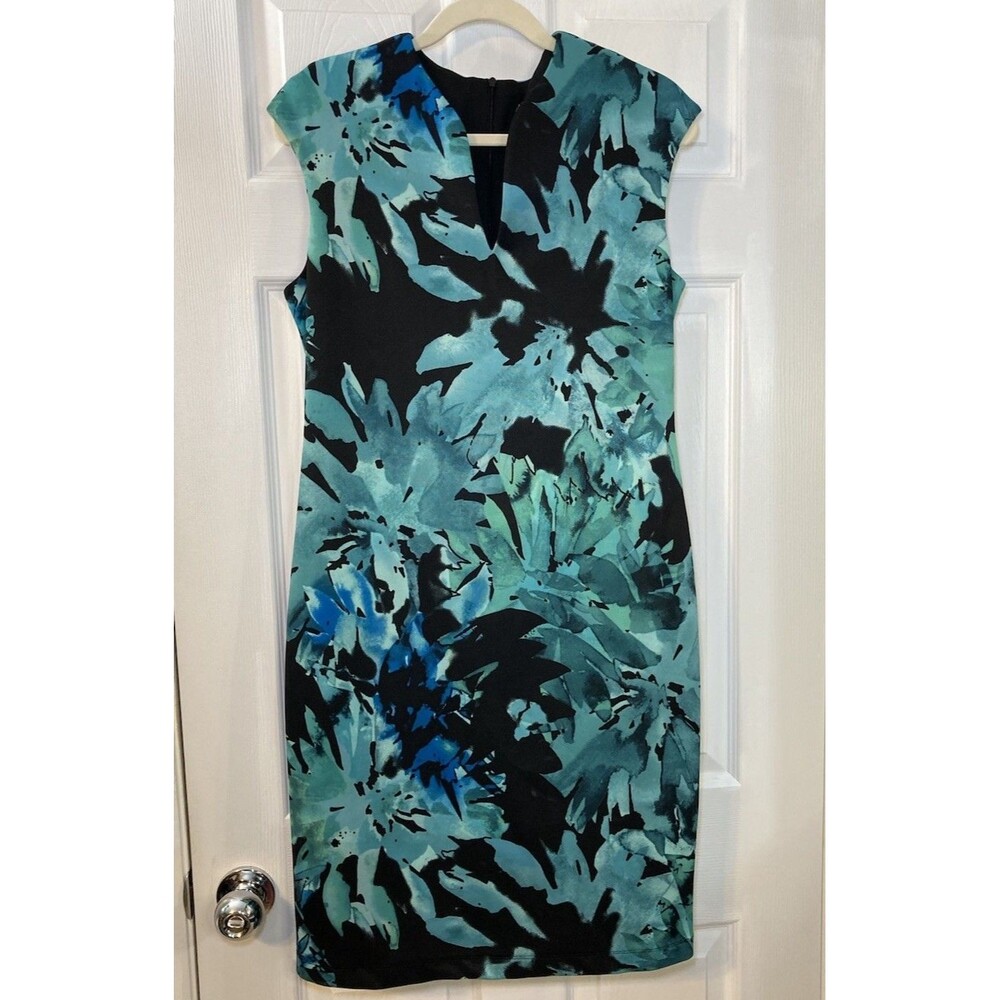 Connected Apparel Black Blue Green Floral V-Neck Sheath Dress  Size 12